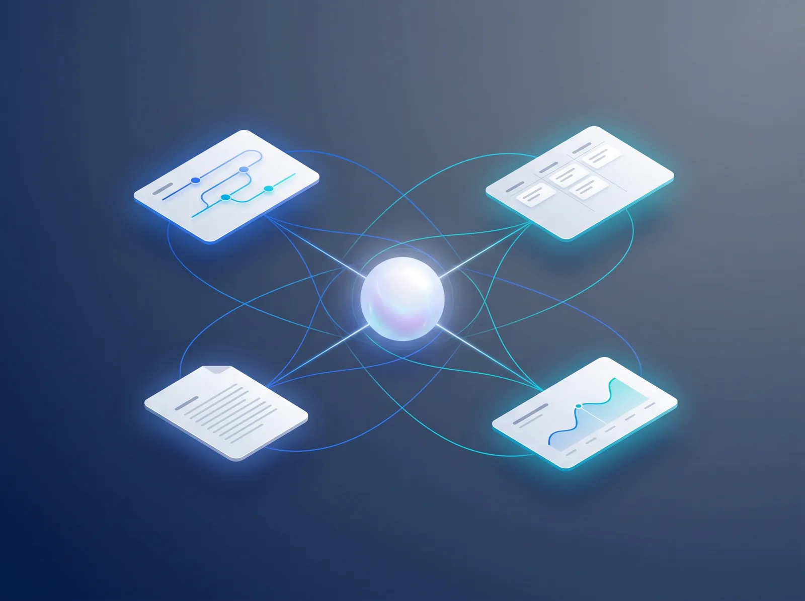 Conceptual illustration of a connected planning workspace linking roadmaps, boards, docs, and dashboards