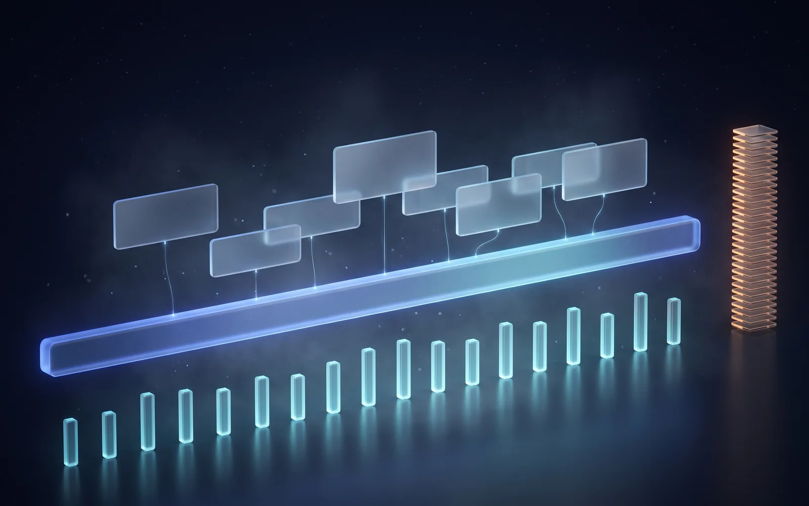Abstract glass timeline rail with linked planning nodes, glowing sprint bars beneath, and a slim amber recording column