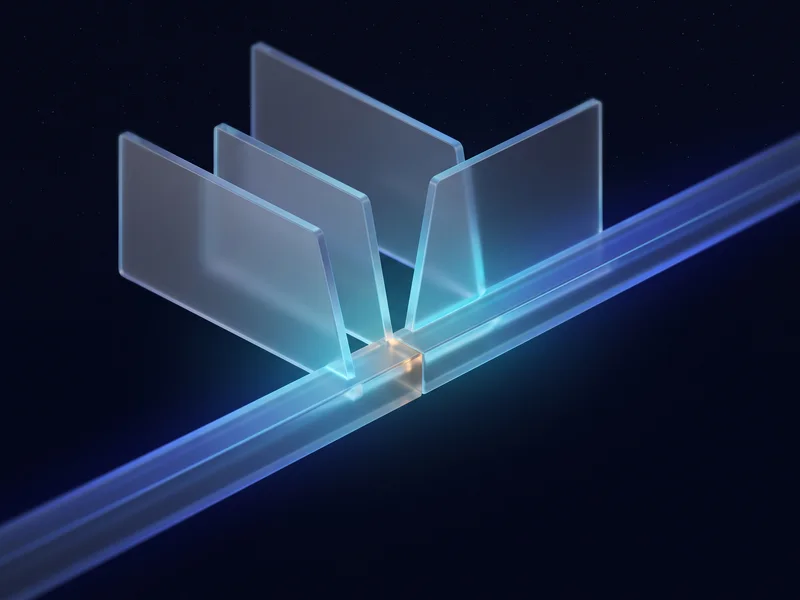 Several translucent glass planes converging into one glowing central rail