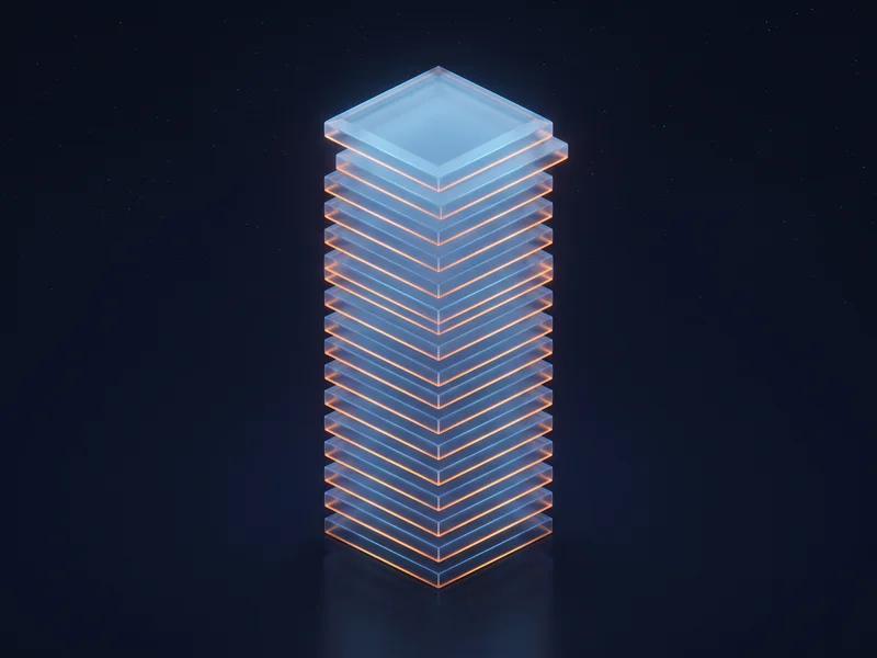 A narrow vertical column of thin stacked glass slices edged in warm amber light