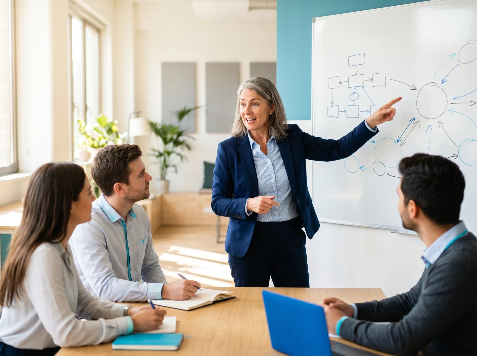 A specialist mentoring a small team in a training workshop, depicting onboarding and enablement