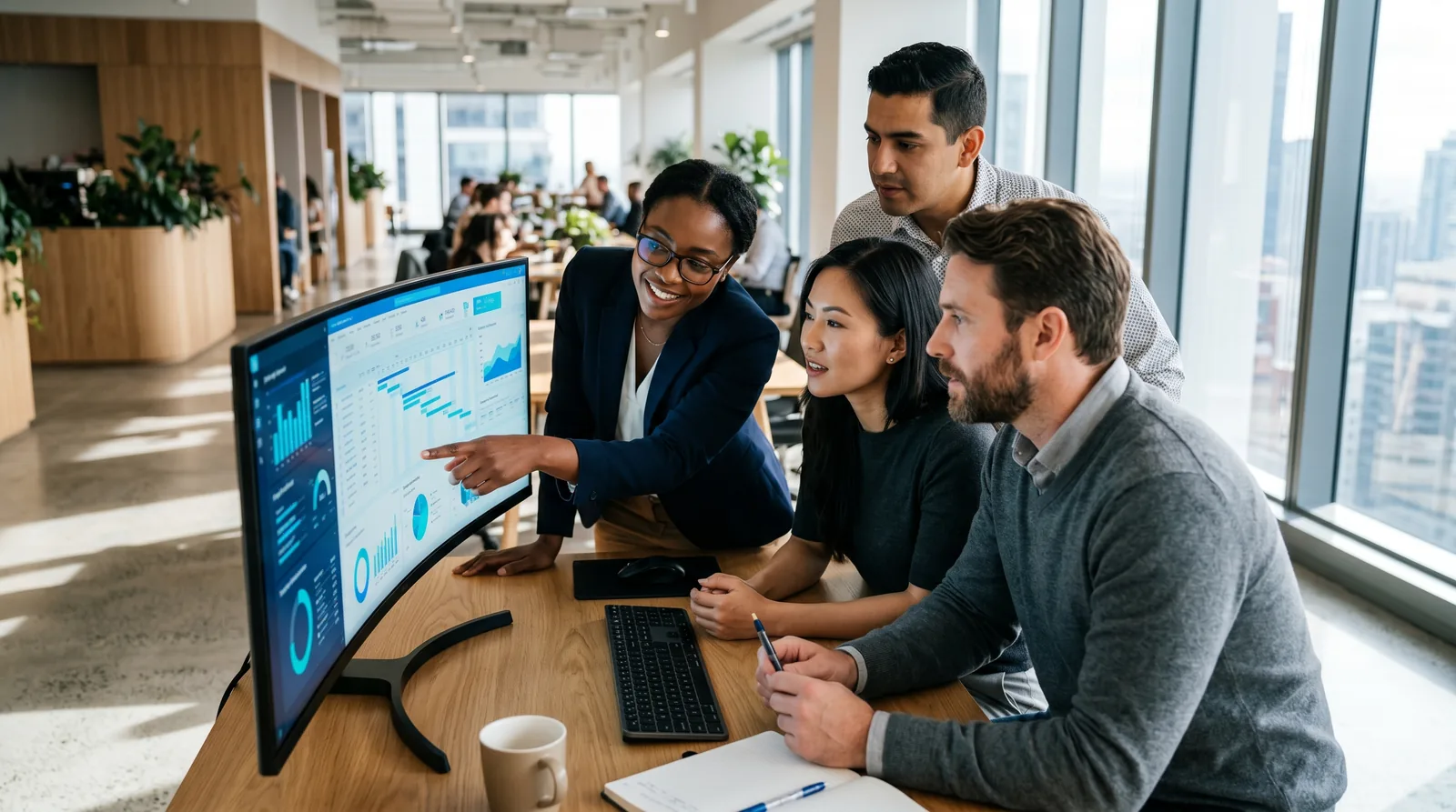 A team of consultants and delivery specialists collaborating around a monitor while helping a client adopt a project-management platform