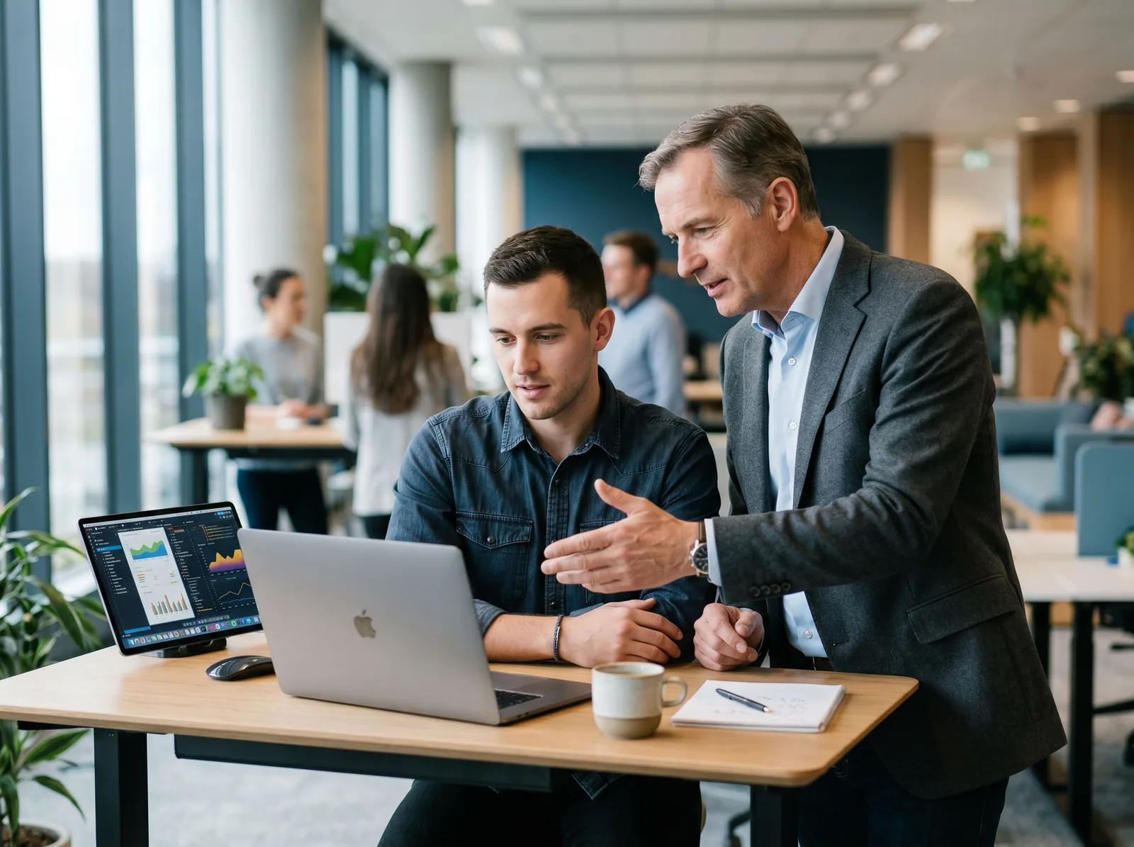 A senior consultant guiding a team through a project-management workspace setup at a standing desk in a modern office