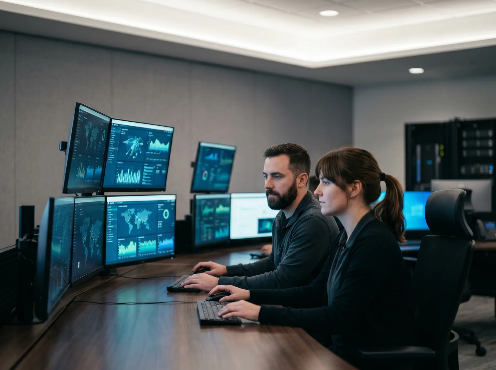Two operations specialists reviewing delivery dashboards on multiple monitors in a calm operations room