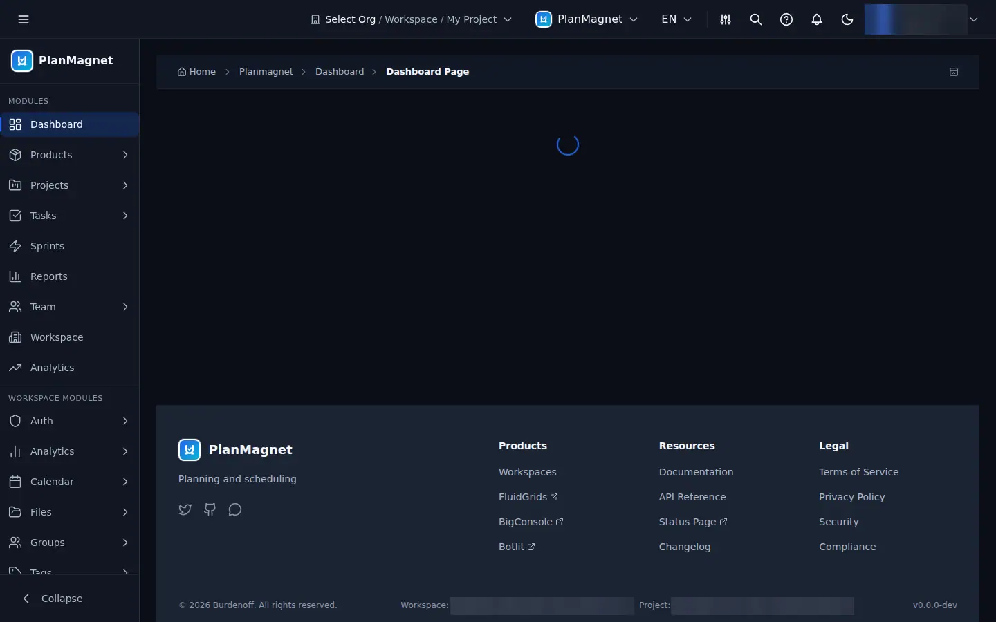 Concept illustration of a dark planning workspace with a module sidebar, breadcrumb and a dashboard area still loading.