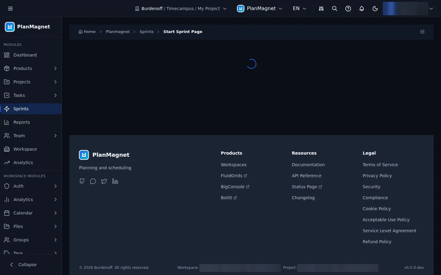 Concept illustration of the PlanMagnet Start Sprint page while it loads, with Sprints highlighted in the sidebar