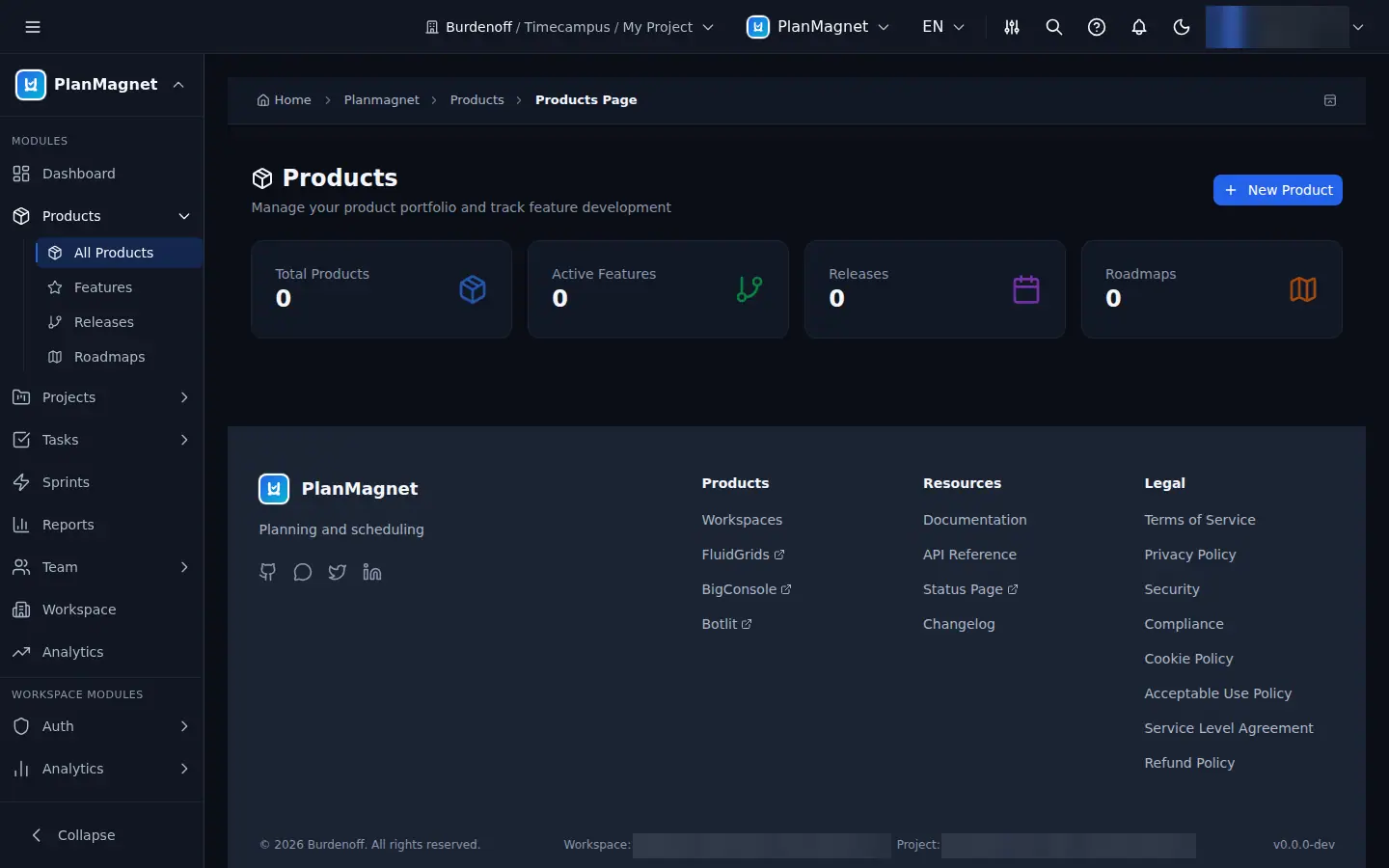 Concept illustration of the PlanMagnet Products page with summary cards for products, active features, releases and roadmaps