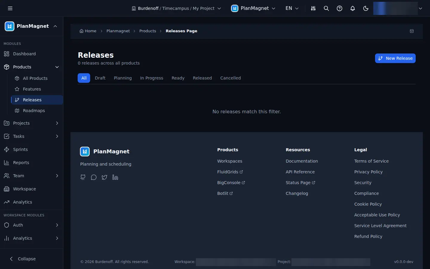 Concept illustration of the PlanMagnet Releases page with status tabs from Draft to Cancelled and a New Release button