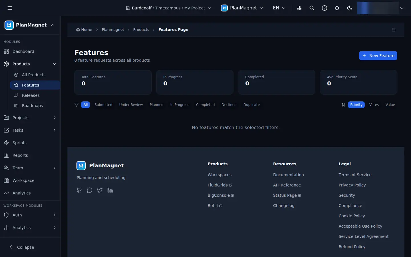 Concept illustration of the PlanMagnet Features page with summary cards, status filters and priority, votes and value sorting