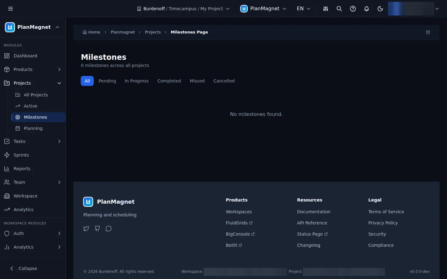 Concept illustration of a milestones page with filter chips for pending, in progress, completed, missed and cancelled.