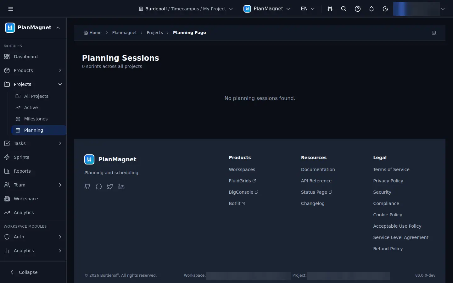 Concept illustration of the PlanMagnet Planning Sessions page under Projects, showing zero sprints and an empty-state message