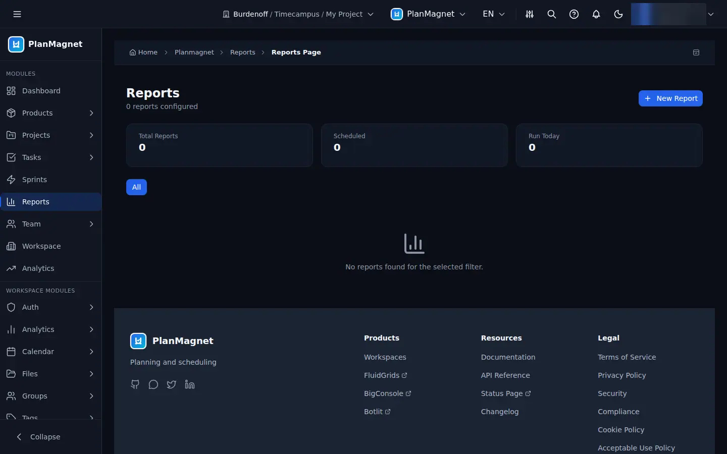 Concept illustration of the PlanMagnet Reports page with total, scheduled and run-today counts and an empty report list