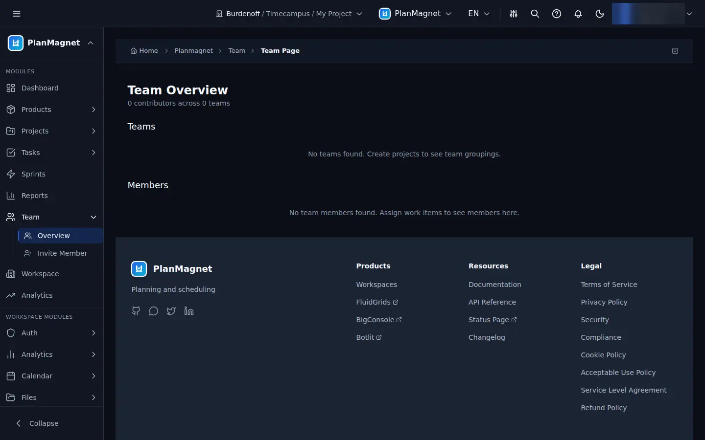 Concept illustration of the PlanMagnet Team Overview page in its empty state, with Teams and Members sections and guidance messages