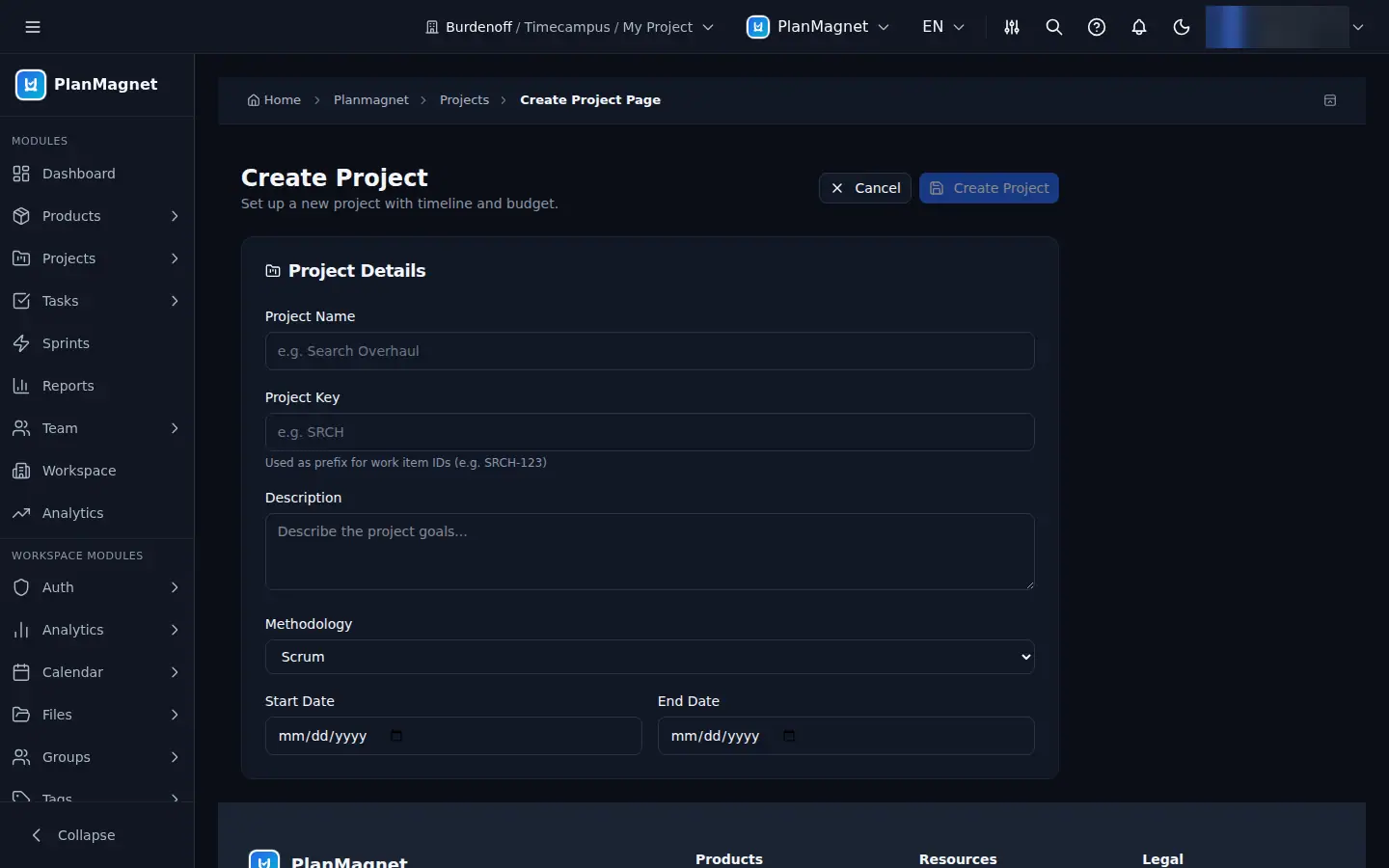 Concept illustration of a create project form with fields for name, key, description, methodology and start and end dates.