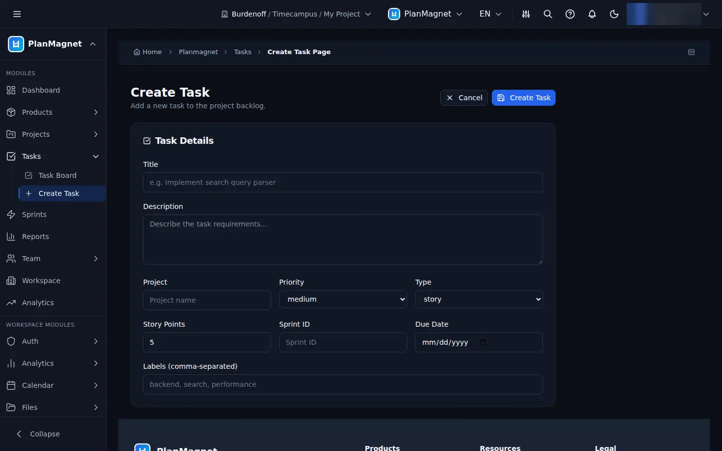 Concept illustration of a create task form with title, description, project, priority, type, story points, sprint and due date.