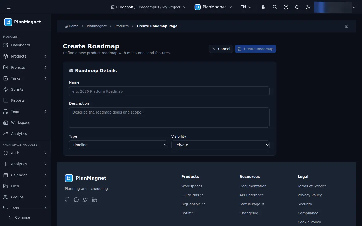 Concept illustration of the PlanMagnet Create Roadmap form with name, description, type and visibility fields
