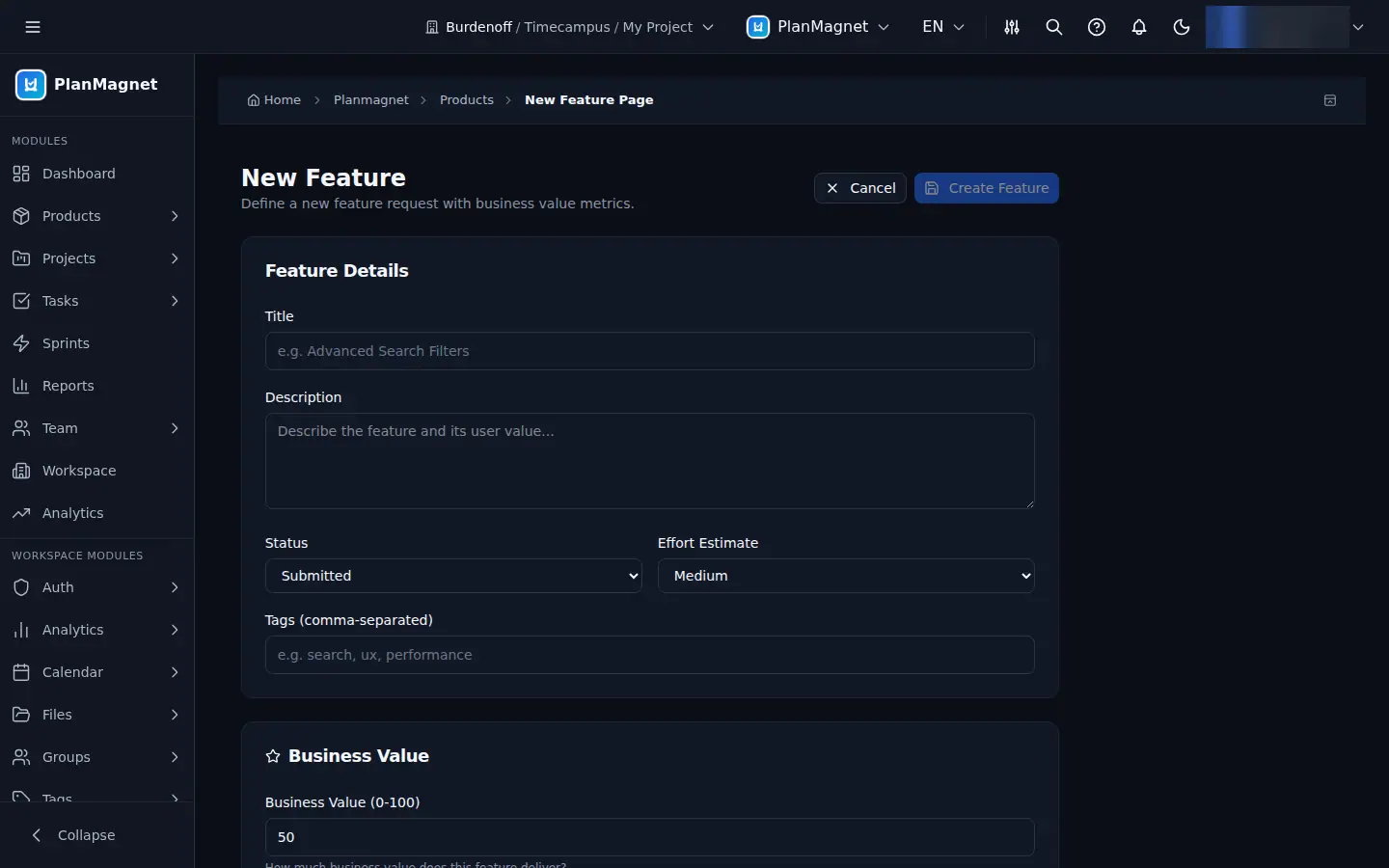 Concept illustration of the PlanMagnet New Feature form with status, effort estimate, tags and a business value score
