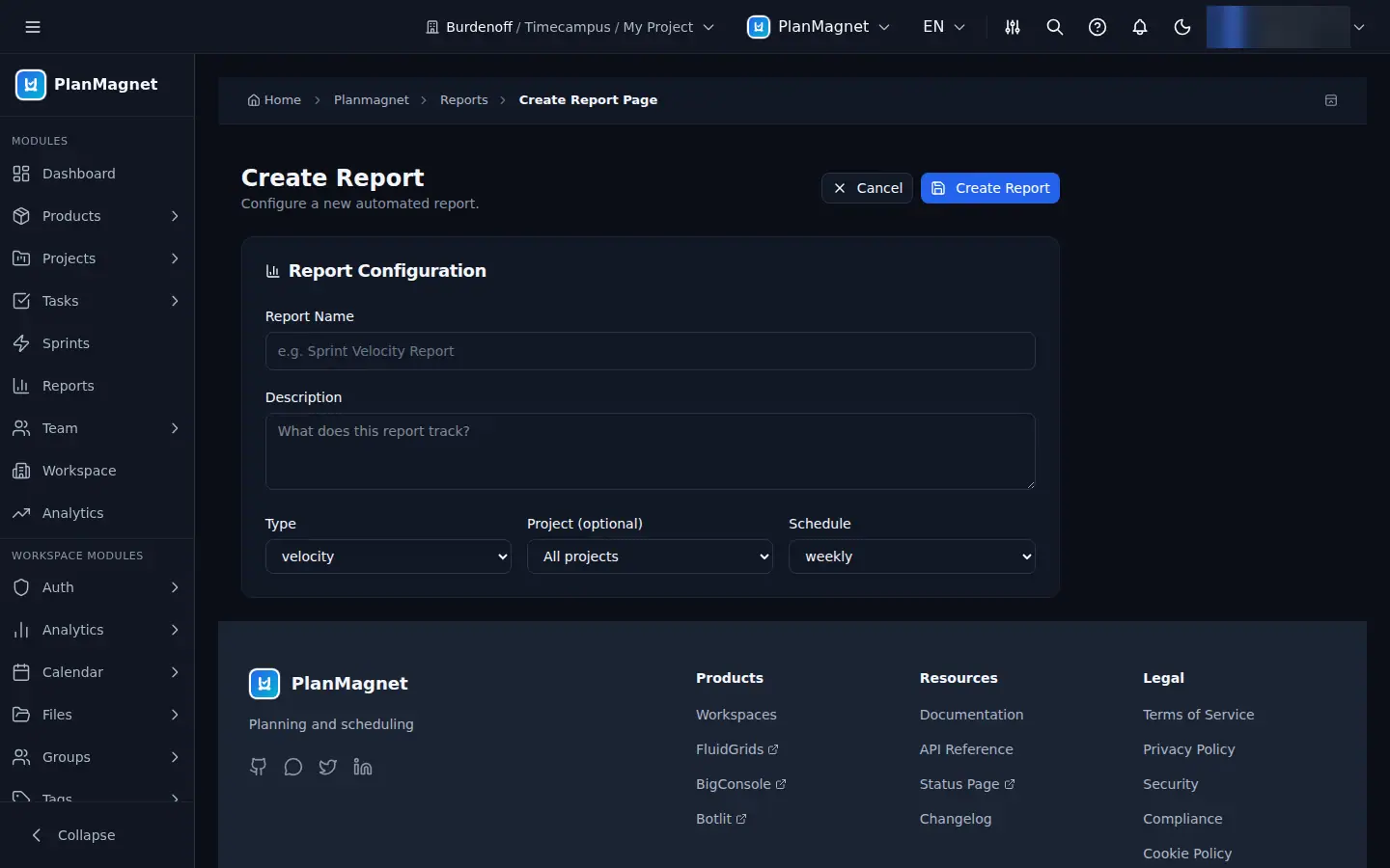 Concept illustration of the PlanMagnet Create Report form with name, description, type, project and schedule fields