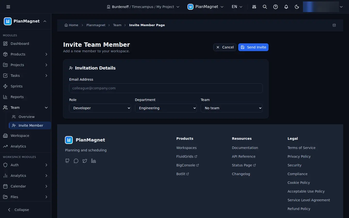 Concept illustration of the PlanMagnet Invite Team Member form with an email field, role, department and team dropdowns and a Send Invite button
