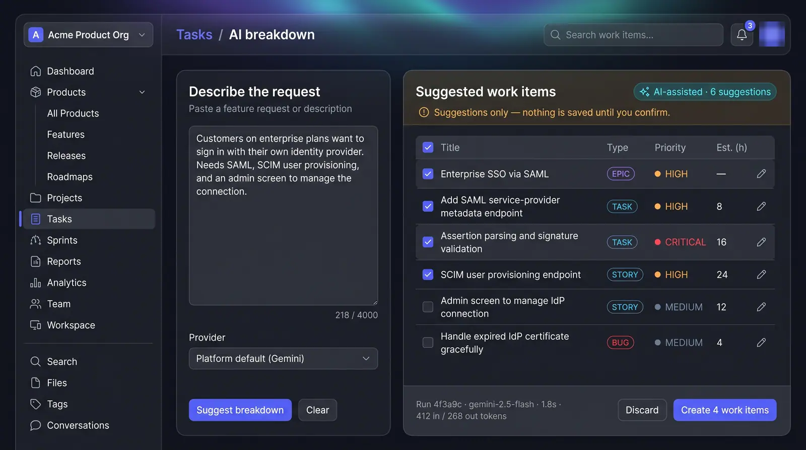 Concept illustration of a split view with a pasted feature request on the left and a table of suggested work items on the right.