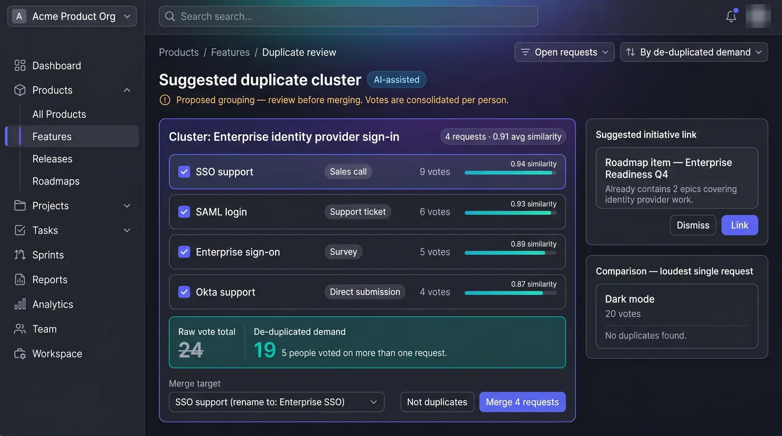 Concept illustration of a PlanMagnet suggested duplicate cluster with similarity scores, vote consolidation and merge controls