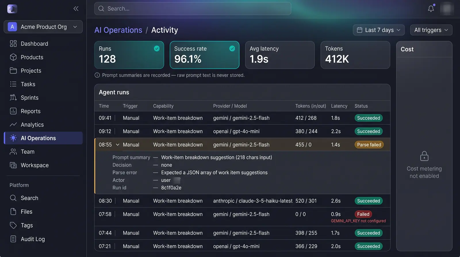 Concept illustration of the PlanMagnet AI Operations activity page with run metrics, an agent runs table with status badges and an expanded failed run