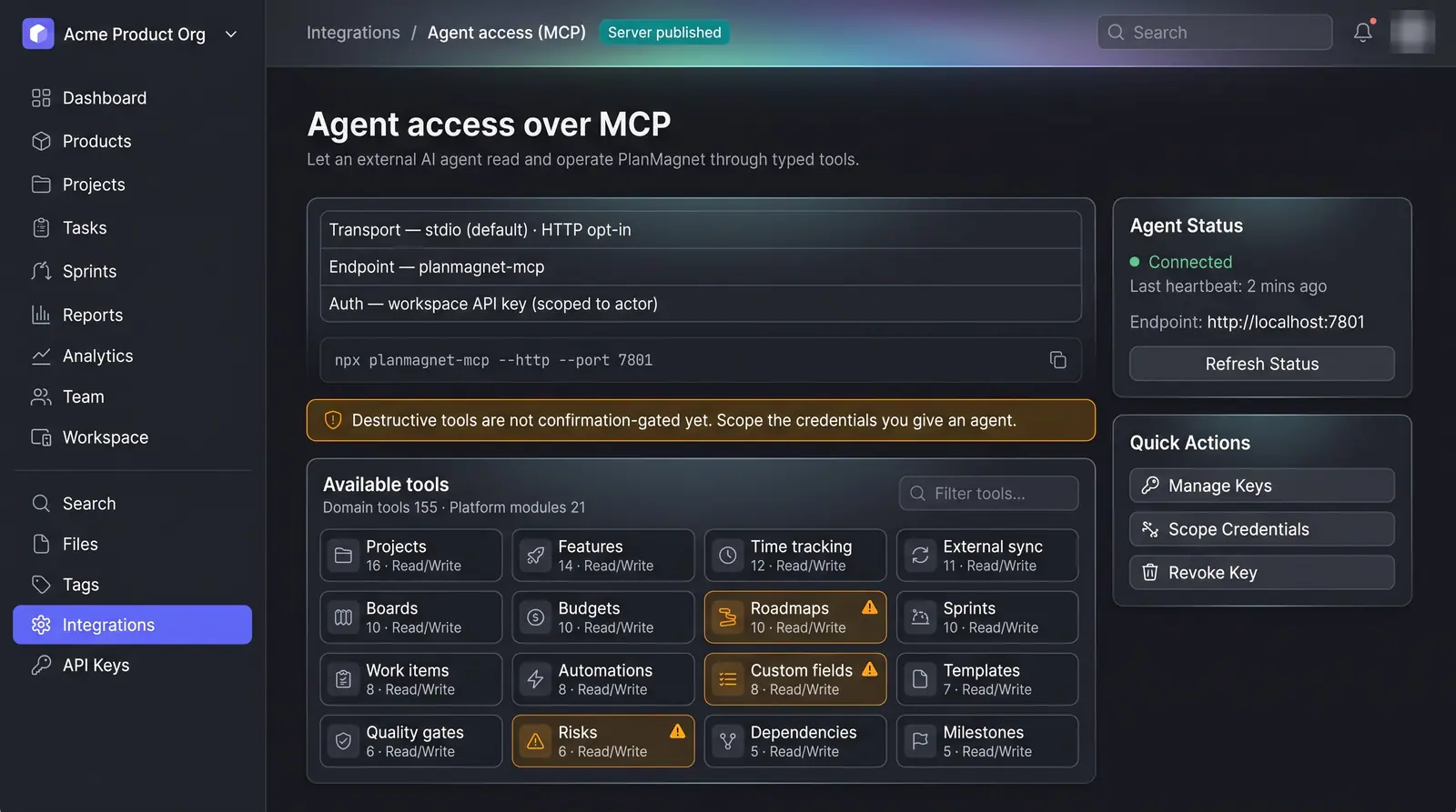 Concept illustration of the PlanMagnet Agent access over MCP page with connection settings, a caution banner, tool groups and agent status panels
